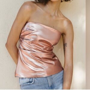 Zara NWT Rose gold metallic ruched strapless tube top Holiday Party